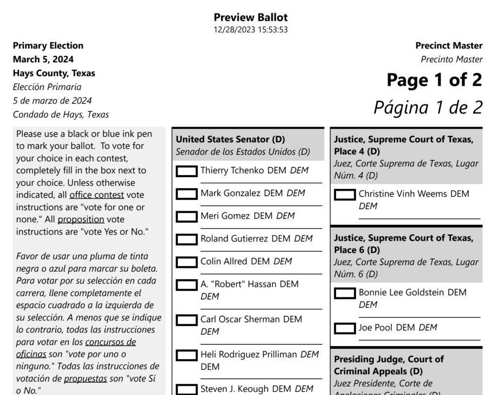 Hays County March 2024 Elections Sample Ballot Screenshot